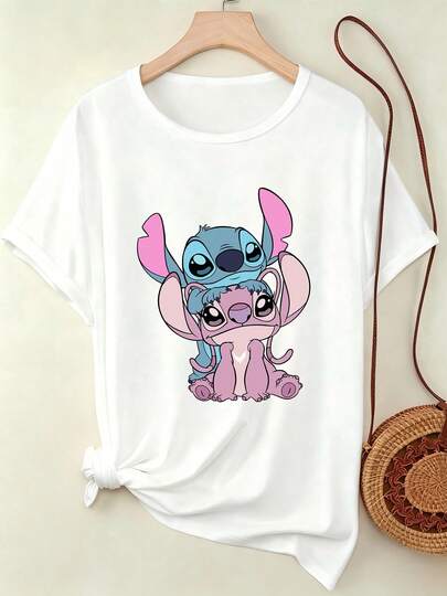 Disney Summer New Women's Cartoon Pattern Print Round Neck Casual Long T-Shirt, Slightly Stretchy, Non-Transparent, Easy Care Material, Suitable For Outdoor Sports And Daily Wear