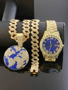 Bộ dây chuyền và đồng hồ Hip Hop Blue Drip Oil Earth, mặt dây chuyền đính đá toàn bộ, dây xích Cuban, phong cách đường phố dành cho rapper, quà tặng dự tiệc, quà sinh nhật cho bạn bè và gia đình. - Màu xanh lam - Xem 24