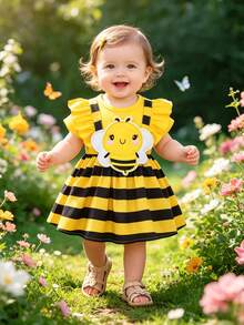 Baby Girls' Summer New Cartoon Bee Round Neck Cap Sleeve Striped Waist Dress - Multicolor - View 9
