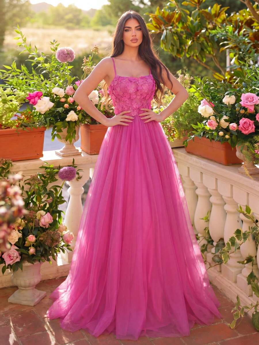 Faeriesty 女士优雅浪漫系带长款正式晚礼服，饰以3D立体花卉图案，适合春季婚礼、花园派对、户外森林庆典、浪漫晚餐和正式肖像摄影派对等场合。 - 玫紅色 - 查看 1