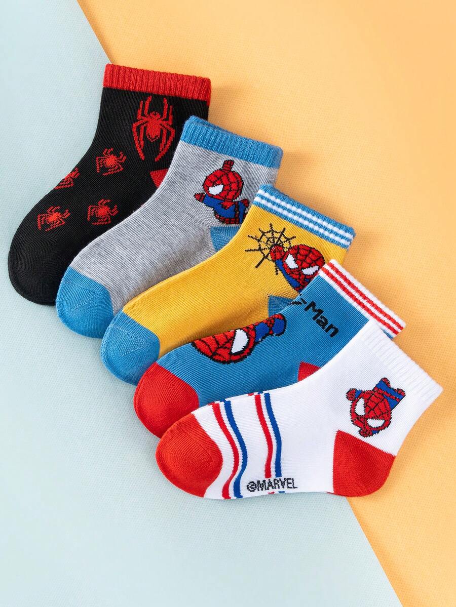 Marvel 1/5 Pairs Spider-Man Children's Socks, Superhero Pattern, Suitable For Casual Daily Wear, Breathable And Soft, Suitable For Boys And Girls, Suitable For Daily Wear/Party Gifts/Easter/Spring/Summer. Vibrant Colors, Comfortable Fit Novel And Unique, Fashionable Accessory, Lightweight And Breathable, Skin-Friendly And Non-Restrictive, Soft And Breathable. - Apricot - View 1