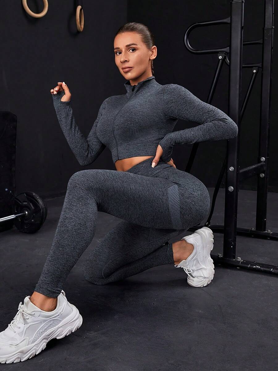 Seamless Zip-Up Tracksuit With Thumb Holes - Dark Gray - View 1