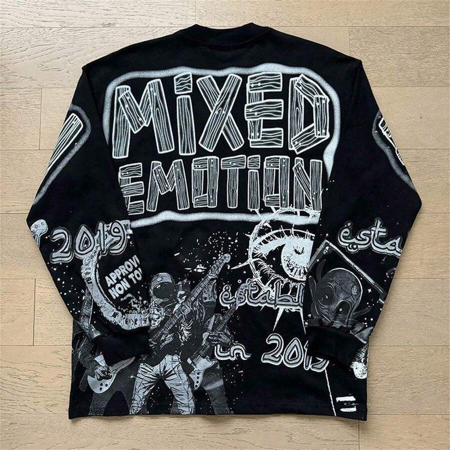 2026 MIXED EMOTION Long Sleeve T-Shirt Men Women High Street Full Print 100% Cotton Crewneck Hip Hop Oversized Tops Tops Hoodies Summer Clothes Western Outfits For Women Summer Outfits For Women Jackets Sweater Jackets For Women - 圖2 - 查看 1