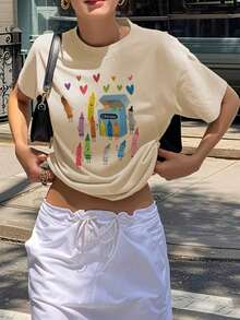 Women's Short-Sleeved, Round-Neck T-Shirt With Crayon Print, Casual Everyday Wear In White - Breathable High Quality - 杏 - 查看 2