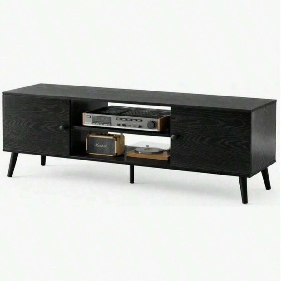 TV Stand With 2 Cabinet, Modern Mid Century Media Console Table For Living Room Office Furniture,Black - 1PC - Ver 1