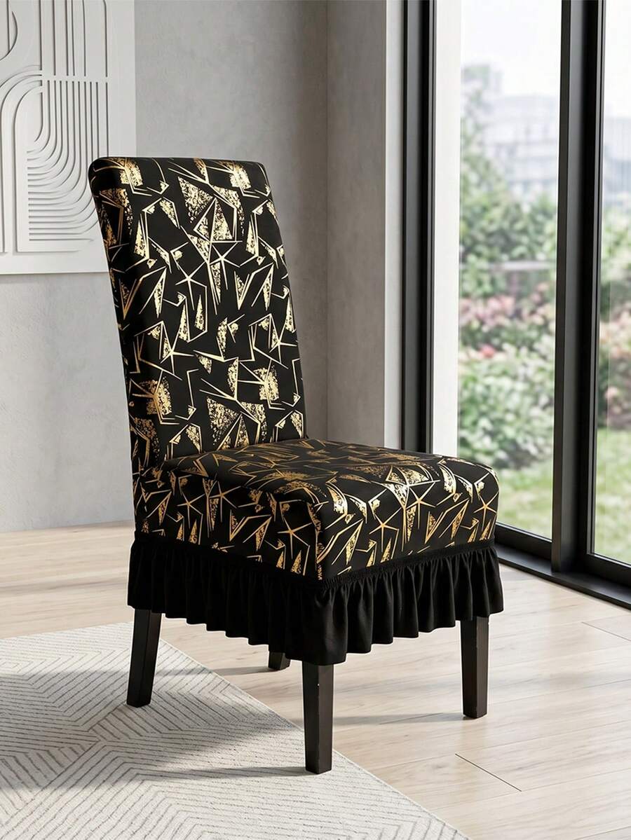 Romantic Flowing Skirt! 1pc Gold Foil Geometric Chair Cover, Dust-Proof, Elastic Full Coverage Old Chair Makeover Tool, Low-Cost Renovation For Wedding/Restaurant/Rental Recommended - Gold-stamped Geometric Skirt Chair Cover - View 1