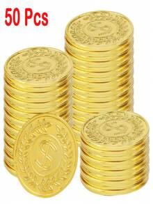 50/100pcs Gold Plastic Coins, Suitable For Party Favors, Treasure Hunt Games, And Party Supplies, Color: Gold - one-size - View 3