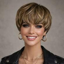 Human Hair Wig For Women Featuring A Layered Short Straight Pixie Cut, Available In Mixed Colors SP4/27 (Brown/Blonde) Remy Peruvian Wig Includes Bangs And Is Fully Machine-Made, Perfect For Holiday And Party Christmas - SP4/27 - View 11