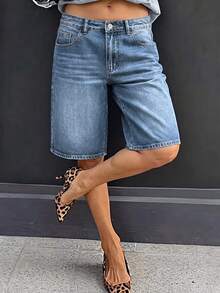 Quần short Bermuda denim nữ dáng rộng, cạp thấp, thoải mái và đa năng, thích hợp mặc hàng ngày vào mùa hè. - Rửa trung bình - Xem 7