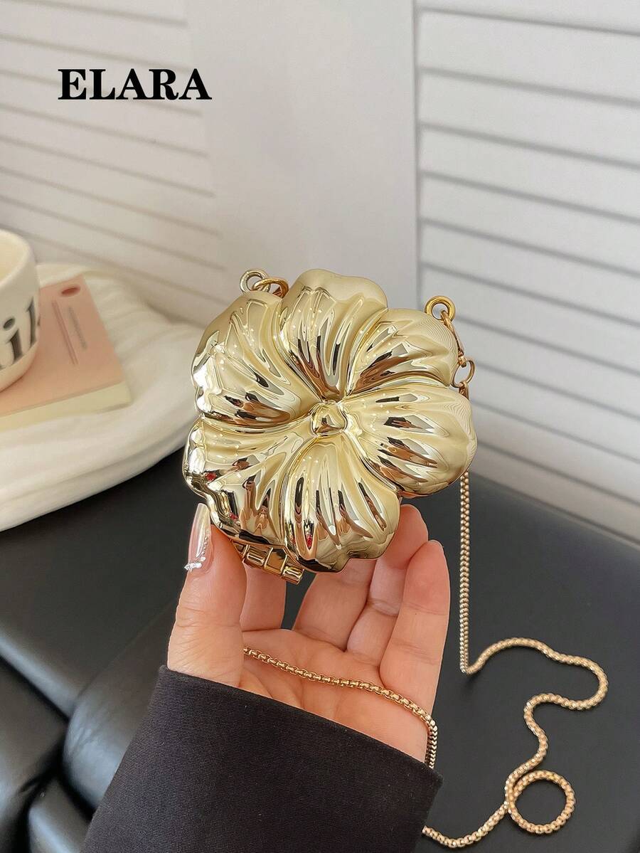 贝壳造型装饰包，迷你晚宴包，女士个性化时尚链条口红包，适合情人节、派对、约会、单肩包、零钱包、金色耳机包、女士礼物、硬壳收纳包