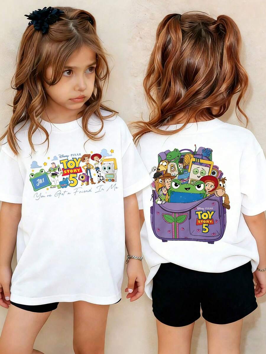 Disney Toy Story 5 Theme Element Cartoon Print, Casual And Simple Short Sleeved T-Shirt, Suitable For Fashionable And Comfortable Wearing In Spring And Summer, Suitable For Boys And Girls, Holiday Gift. - White - View 1