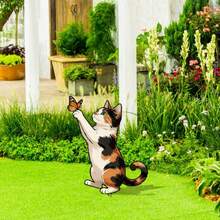 2D Flat, 1pc Acrylic Cat Chasing Butterfly Garden Decor Stake, Cute Animal Decoration For Outdoor Patio, Lawn, Garden - A - View 4