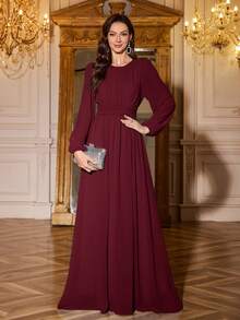 Volly Toych Đầm chiffon màu đỏ tía thanh lịch, cổ tròn, tay dài, dáng maxi sang trọng với tay áo phồng và chi tiết xếp ly, thích hợp cho phù dâu và các sự kiện trang trọng, tay áo không có lớp lót. - Màu Đỏ Sâu - Xem 7