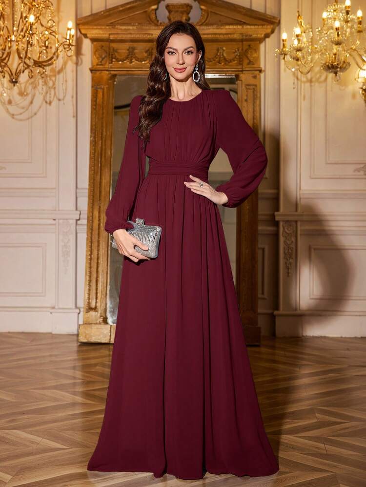 long sleeve long burgundy dress Long Sleeve Crystal Mesh A Line Maxi Dress Burgundy