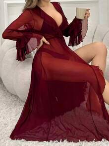 Local Delivery - -Plus-Size Sexy Lace Nightgown - 酒紅色 - 查看 7