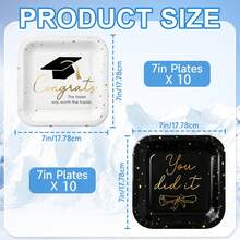 10 peças/20 peças/40 peças Conjunto de Pratos Decorativos para Festa de Formatura 2026, Pratos de Papel Quadrados de 7 Polegadas com Folha de Ouro, Padrão de Capelo e Diploma, Conjunto de Utensílios de Mesa para Cerimônia de Formatura 2026, Preto/Branco Opcional, Turma de 2026 - Visão 6