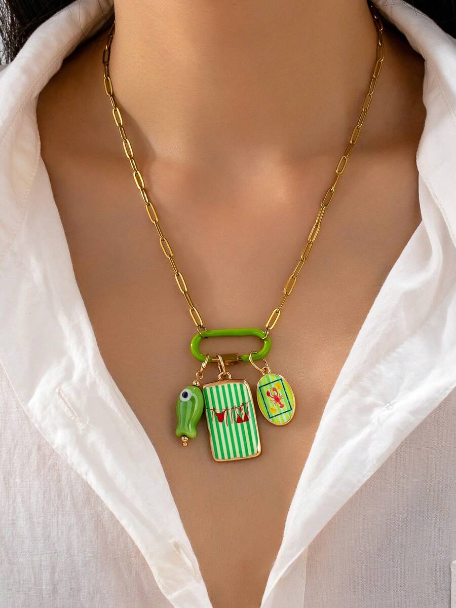 1 pieza Collar con cadena de clip de papel chapado en oro de 18K con dijes de esmalte de verano, collar con dije de mosquetón y dije de pez de cerámica verde, accesorio de joyería de vacaciones - collar con colgante de pez verde - Ver 1