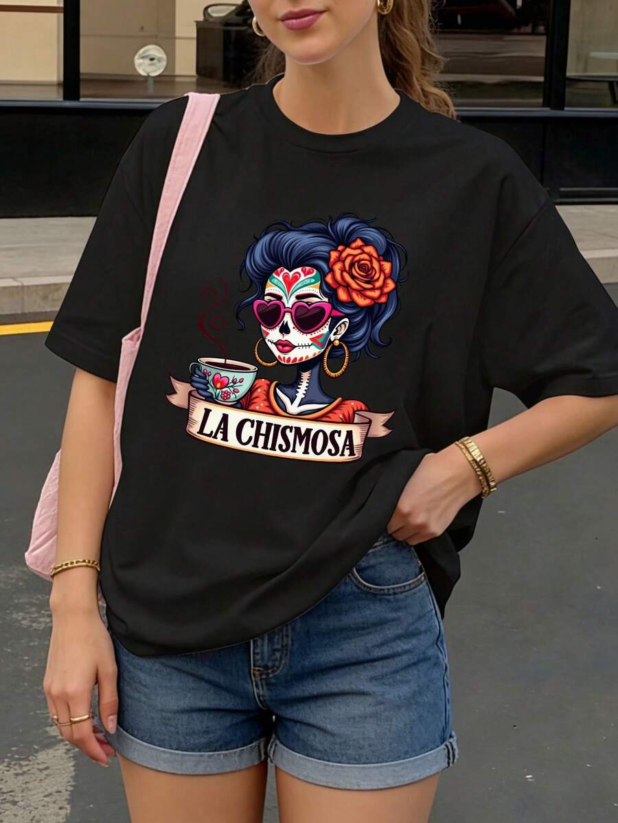 Camiseta Negra con Estampado de Calavera y Texto La Chismosa para Mujer Casual - Negro - Ver 1