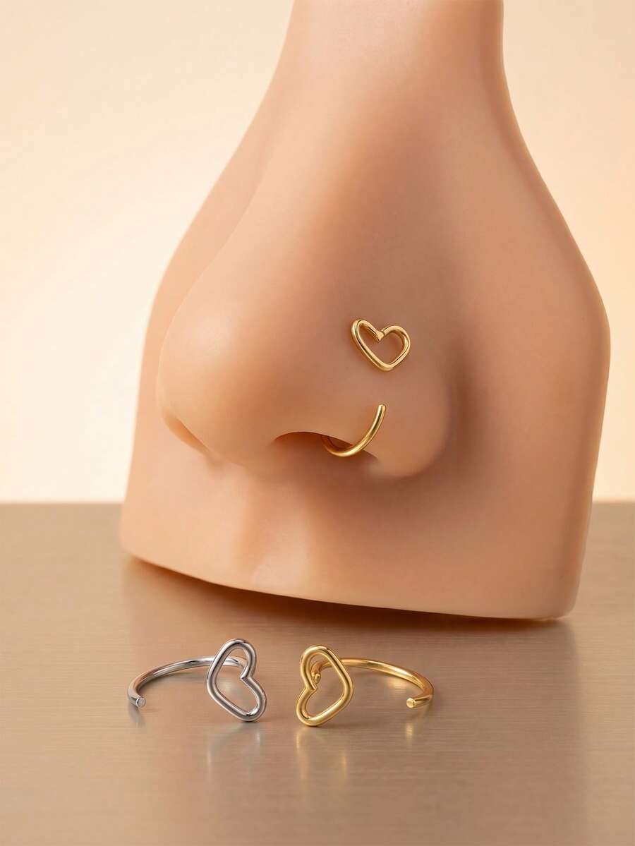 AVYRING 2Pcs Summer Body Jewelry Set – Heart-Shaped Stainless Steel Nose Ring & Lip Ring, Gold Color – Hypoallergenic & Easy To Wear, Perfect For Beach, Party & Daily Use – Women's Piercing Accessories - Multicolor - View 1
