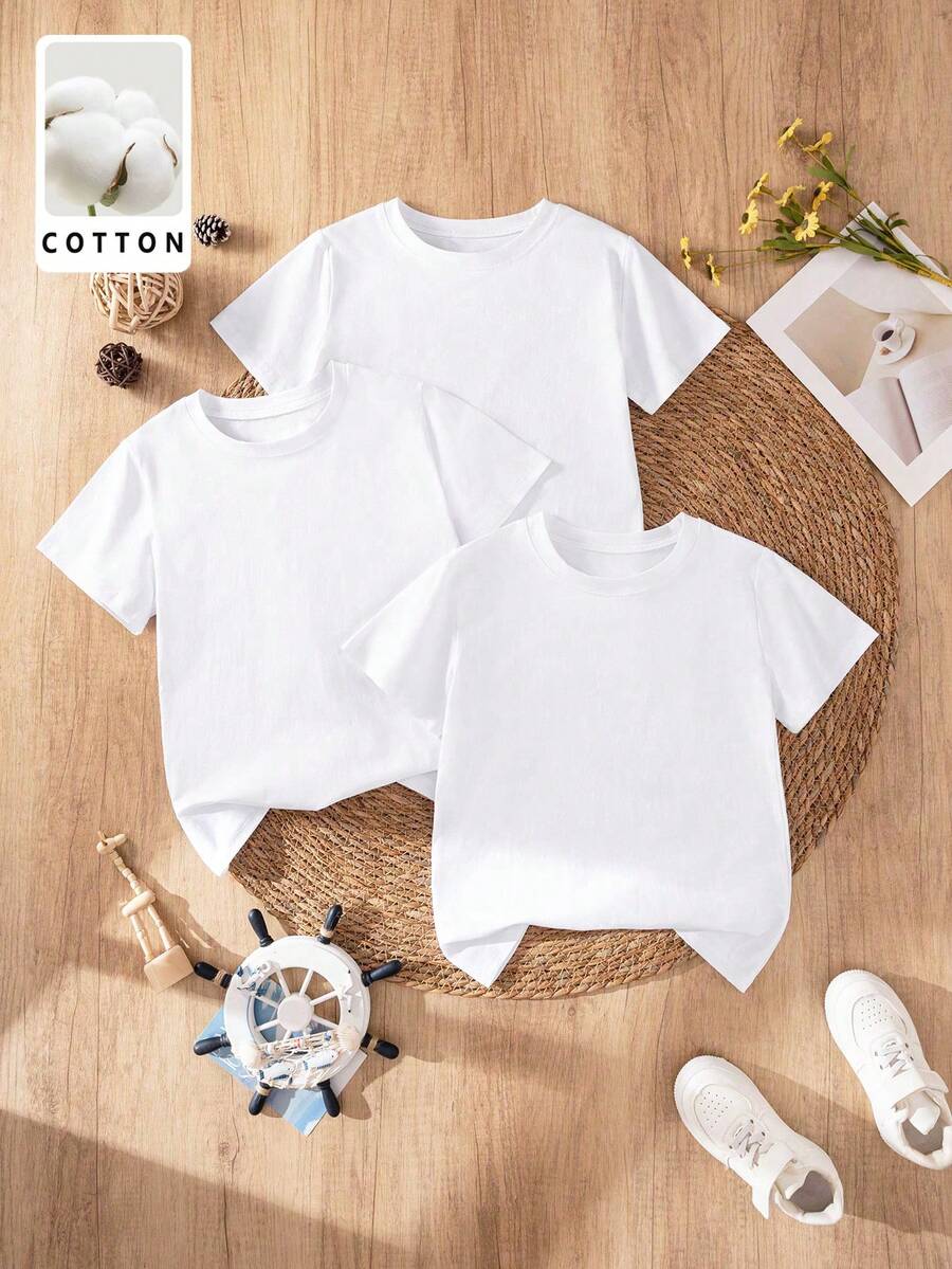 3-Pack Unisex Kids' White Cotton Short Sleeve T-Shirts, Plain Crew Neck Basic Tees For Back To School, Daily Wear & Layering - White - View 1