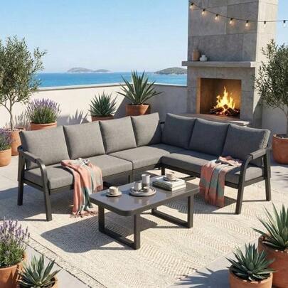 Garden Furniture Set, Corner Configuration, Seats Up To 6 People, Woven Armrests And Backrests, Galvanized Steel Tubes, Includes Corner Sofa And Coffee Table, Color: Grey