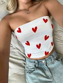Áo croptop hai dây dễ thương cho nữ, áo hai dây dệt kim màu trắng không dây với họa tiết trái tim đỏ tinh nghịch, hơi xuyên thấu, thích hợp mặc mùa hè. - trắng - Xem 3