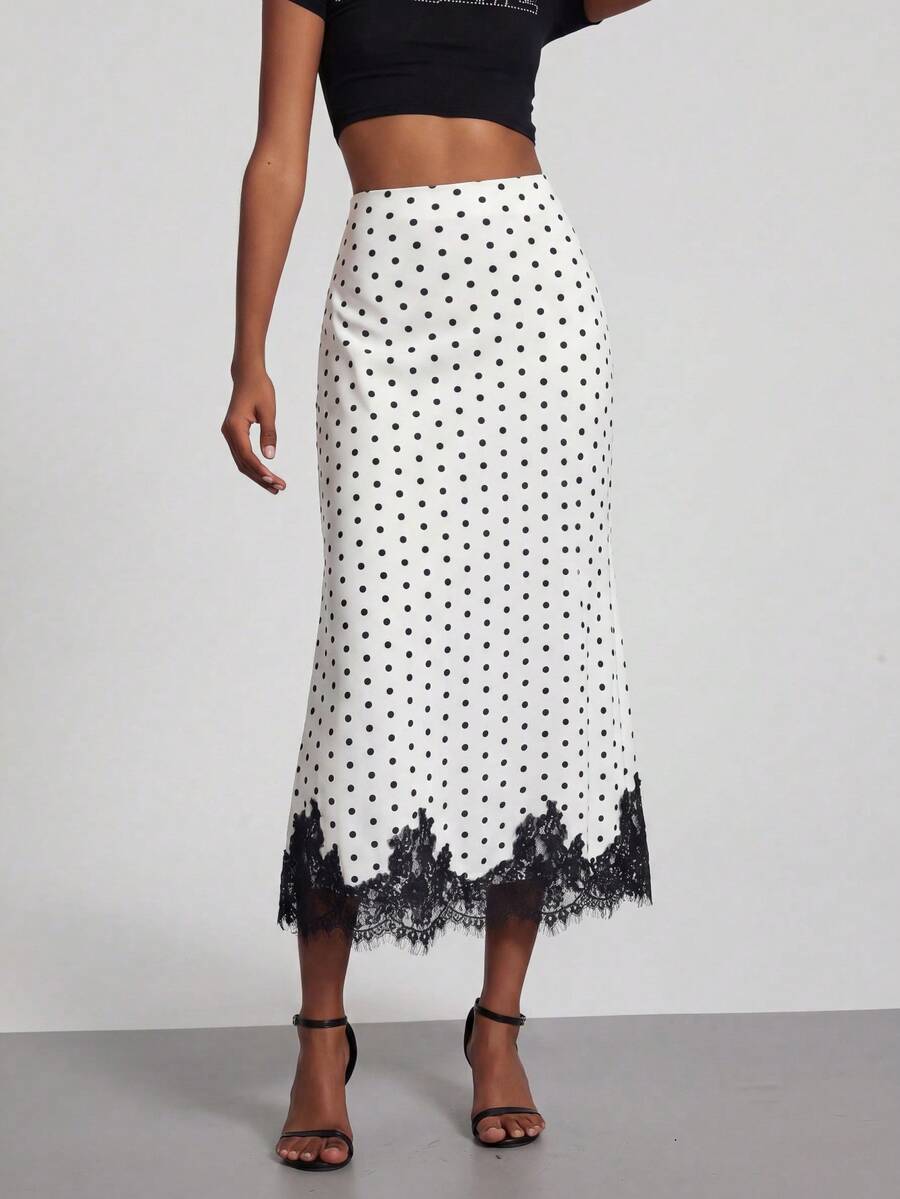 女士夏季中长裙，休闲优雅波点蕾丝拼接经典长款，适合海滩、夜店和街头穿着，春季必备 - 白色 - 查看 1
