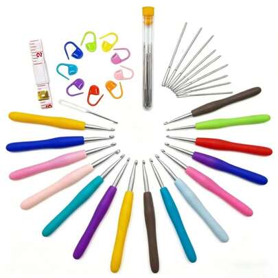 Bộ dụng cụ móc len 44 món dành cho người mới bắt đầu, bộ kim móc tay cầm mềm mại tiện dụng từ 2mm-10mm kèm kim khâu len, kim đánh dấu mũi, thước dây, dụng cụ thủ công đan móc DIY.