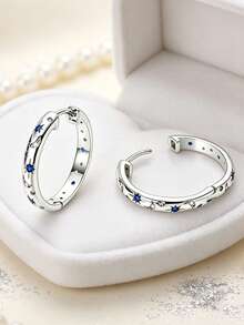 1 Đôi bông tai bạc sterling 925 nguyên chất không gây dị ứng dành cho nữ, họa tiết ngôi sao và mặt trăng cổ điển, đính đá Cubic Zirconia màu xanh lam chất lượng cao, trang sức thanh lịch, quà tặng. - Bạc - Xem 6