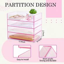 4 Tier Paper Organizer Letter Tray Pink Acrylic Desk File Organizer Heavy Duty Stackable Documents Letter Paper Holder Office Tray A4, Office Classroom Home File Pad Notebooks - Transparent Pink + 12.4 X 8.7 X 2.7 Inches - View 2
