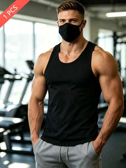  Norcotton Black 100% Cotton Ribbed Tank Top, Men's Sportswear Undershirt