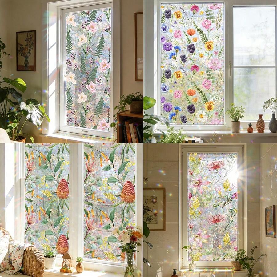 1/3pcs Stained Effect Decorative Floral Static Cling Window Film. Colorful Hydrangea, Daffodil And Datura Flower Designs. No Glue, Removable & Waterproof. For Living Room, Bedroom, Bathroom, Easy Install, Sunlight Rainbow, UV Protection.