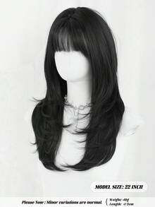 22-Inch Black Medium-Length Wig With Bangs For Women, Dark Roots Soft Heat-Resistant Fiber Full Machine Synthetic Straight Hair Wigs For Party Cosplay Halloween Wear, Music Festivals Celebrations Use - Black - View 3
