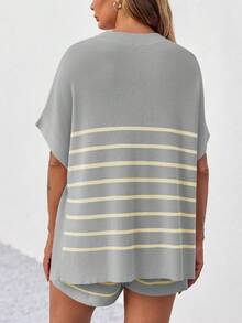 Women's Striped 2 Piece Outfits Oversized Batwing Short Sleeve Tops High Waisted Shorts Summer Knit Lounge Short Sets - Light Grey - View 4
