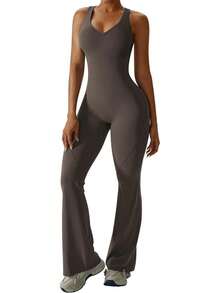 Women's Flared-Leg Jumpsuit With Built-In Bra, Openwork Back, Sportswear, Sleeveless Jumpsuit, Fitted Casual - Brown - View 4