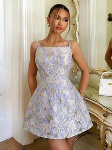 Vestido corto elegante francés con estampado floral 3D en relieve, cuello cuadrado y espalda descubierta, ideal para fiestas, eventos y meriendas de primavera y verano - Morado - Ver 1