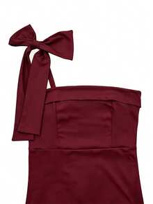 Women's Fashion One-Shoulder Bow Sleeveless Bandeau Fitted Dress, Women's All-Season Dress, Women's Elegant Dress, Women's Dress - Burgundy - View 7