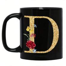 1pc Gold Letter & Floral Print Ceramic Coffee Mug, Beautiful & Practical Gift For Women, Girls, Office, Home Use - Black - View 15