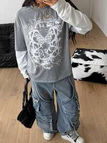 TopstopsCoolane Women's & Men's Spring/Summer Couple Same Style Streetwear Goth Grunge Punk Casual Vintage  Cotton Graphics Comfortable Round Neck Patchwork Brown And Beige Oversized Long Sleeve  T-ShirtLoose And Comfortablesummer Topssummer Tops - 灰色 - 查看 6