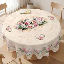 1pc Rectangular/Oval/Round Vintage Rose Print Tablecloth, Floral Lace Trim Polyester Fabric, Home Decor, Wedding Decorations, Table Cloth - Multicolor - View 6