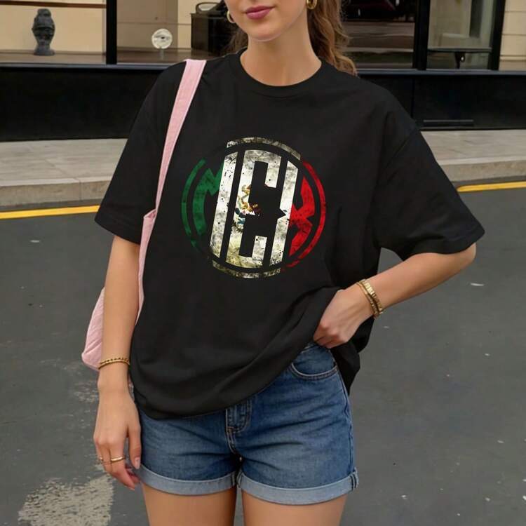 Camiseta Negra con Estampado de Bandera Mexicana y Letras CE para Mujer Casual - Negro - Añade 3