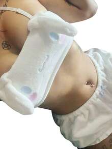 2 Pcs Women Kawaii Pajamas, Adults Cute Spaghetti Strap Dog/Bunny Crop Top + Shorts - Blanco - Ver 2