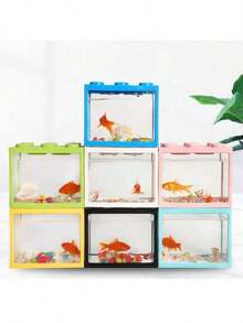 1pc Mini Small Building Block Betta Fish Tank, Transparent Desktop Landscape Aquarium, Creative Betta Fish Box, Small Fish Tank For Small Fish, Shrimp And Turtle, High Transparency Goldfish Bowl, Desktop Micro Landscape Aquarium, Office Turtle Tank, Fish Tank - Multicolor - View 2