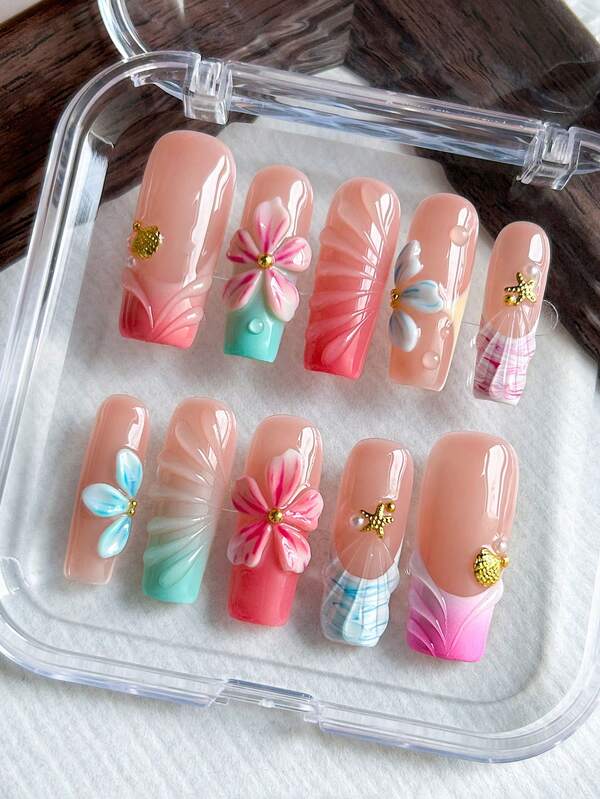 10 piezas de pegatinas de uñas rectangulares 3D hechas a mano, pegatinas de manicura francesa con conchas marinas 3D azules y rosas, degradado verde y rosa, flores 3D talladas, uñas postizas acrílicas estilo Y2K, adecuadas para vacaciones de primavera/verano, adecuadas para niñas y mujeres para decoración diaria, vacaciones y viajes, incluye pegamento y lima de uñas