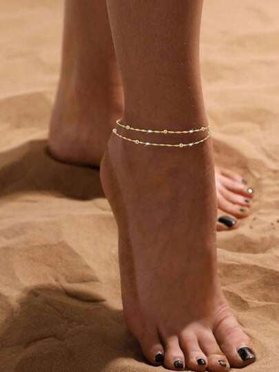 1 Set Fashionable Copper Beaded Chain Anklet, Minimalist Personalized Double-Layer Twist Chain Foot Jewelry For Women