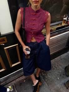Áo nữ thanh lịch màu trơn phong cách Boho ren đục lỗ không tay cài nút, áo nữ sexy đục lỗ xuyên thấu bán phần dáng ngắn, cổ sườn xám Trung Quốc chi tiết cài nút, dáng ngắn ôm eo phong cách thường ngày, áo mặc đi tiệc/đi chơi, áo trắng mùa hè - Màu Đỏ Sâu - Xem 10