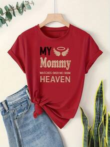 Camiseta con mensaje emocional impreso, "Mi madre está en el cielo protegiéndome", camiseta de moda para mujer, holgada, cómoda, con eslogan personalizado, cuello redondo, manga corta, material de punto lavable a máquina, adecuada para uso casual al aire libre en todas las estaciones, camiseta de manga corta para primavera y verano, ropa para fiestas y actividades al aire libre. - Negro - Ver 9