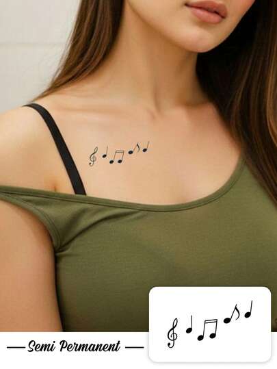 1 Herbal Tattoo Sticker With Minimalist Fine Line Music Notes And Staff, Temporary Tattoo Sticker, Washable, PVC, Disposable, Waterproof And Sweatproof, Suitable For Arms, Waist, Back, And Legs, Non-Reflective, Realistic Tattoo Imitation, Suitable For Individuals, For Daily Use, Lasting 7-14 Days