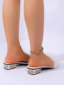 Women's Metallic Glamorous Style Rhinestone Criss-Cross Strap Sandals, Suitable For Party, Holiday, Wedding, Outdoor Wear In Spring/Summer, Square Toe, Metallic Chunky Heel, Slip-On, Open Toe, Shiny - Off-white 1 - View 7