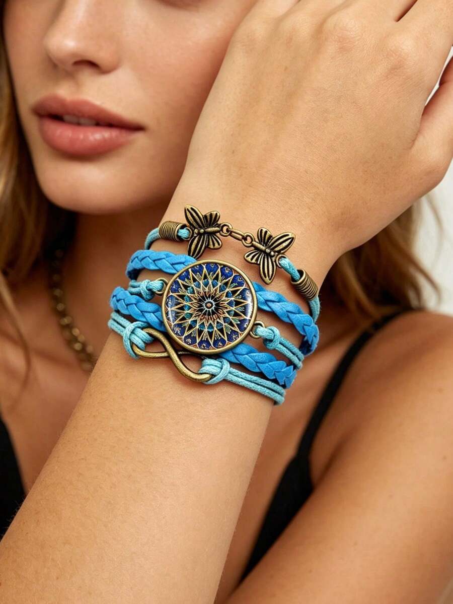 獨特波希米亞風女性時間寶石編織手鍊,無限符號蝴蝶復古編織繩手鍊,永恆風格與復古魅力,耐用 PU 皮革,適合日常配戴,女性節日禮物,夏季度假首飾(由於光線和拍攝角度,實際產品與圖片之間可能存在輕微尺寸差異) - 藍色 - 查看 1